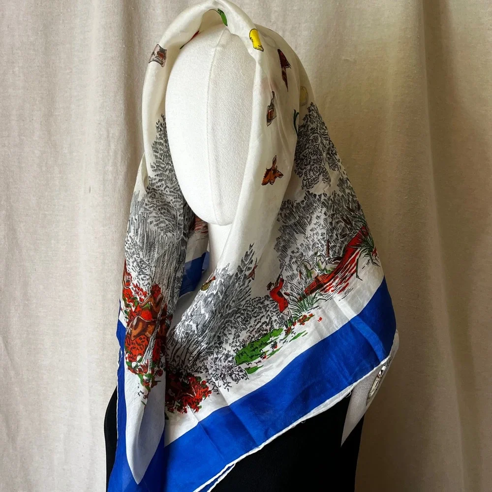 Vintage Hunting Equestrian Silk Scarf Blue Border Fox Hunt Birds Deer 31x34